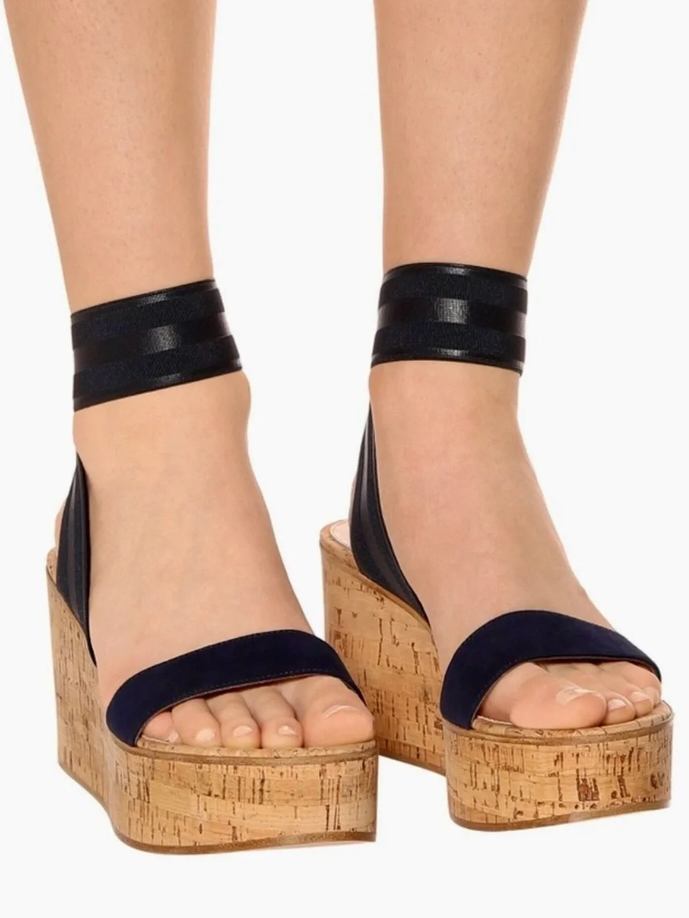 GIANVITO ROSSI CORK WEDGE SANDALS WITH DENIM BLUE ELASTIC ANKLE STRAP